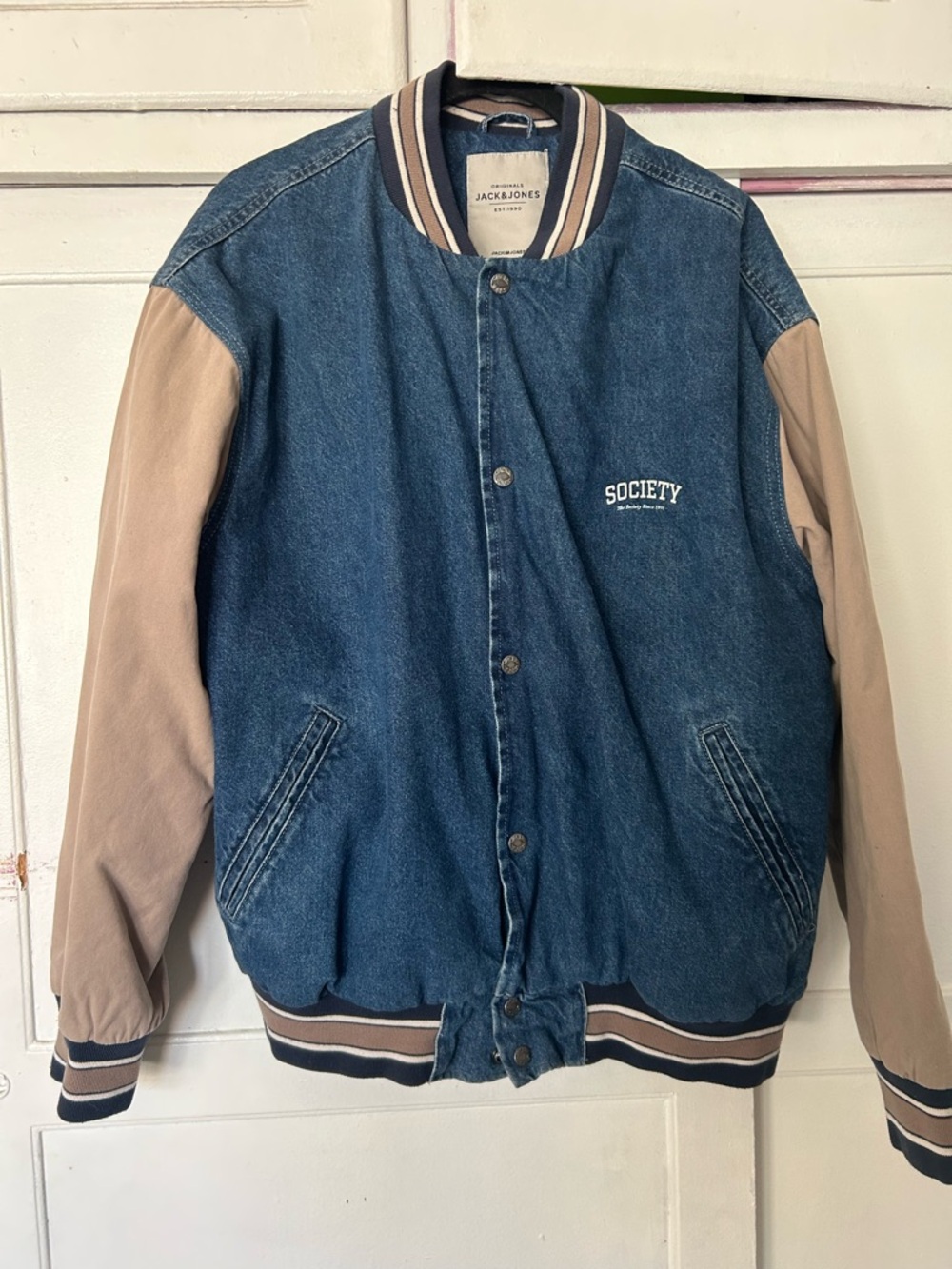 Jack & Jones Blue Denim Bomber Jacket with Beige Sleeves